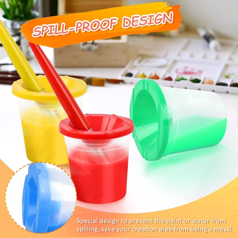 RNKP 4 Piece Children's No Spill Paint Cups with Colored Lids and 4 Piece Large Round Brush Set with Plastic Handles - Image 4